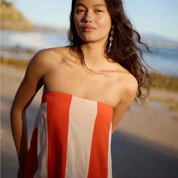 Striped Orange and White Strapless Eden Jumpsuit - Picture 3 of 9